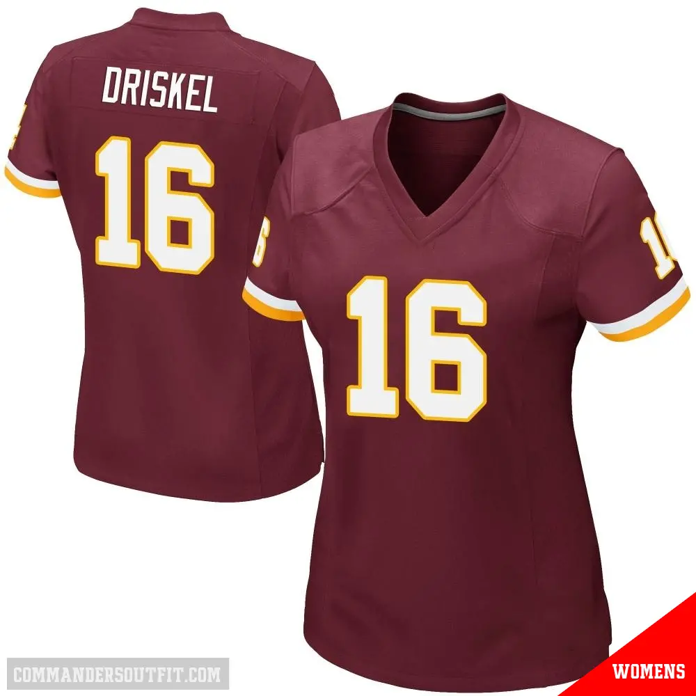 ＃16 Women's Jeff Driskel Game Washington Commanders Burgundy Team Color Jersey