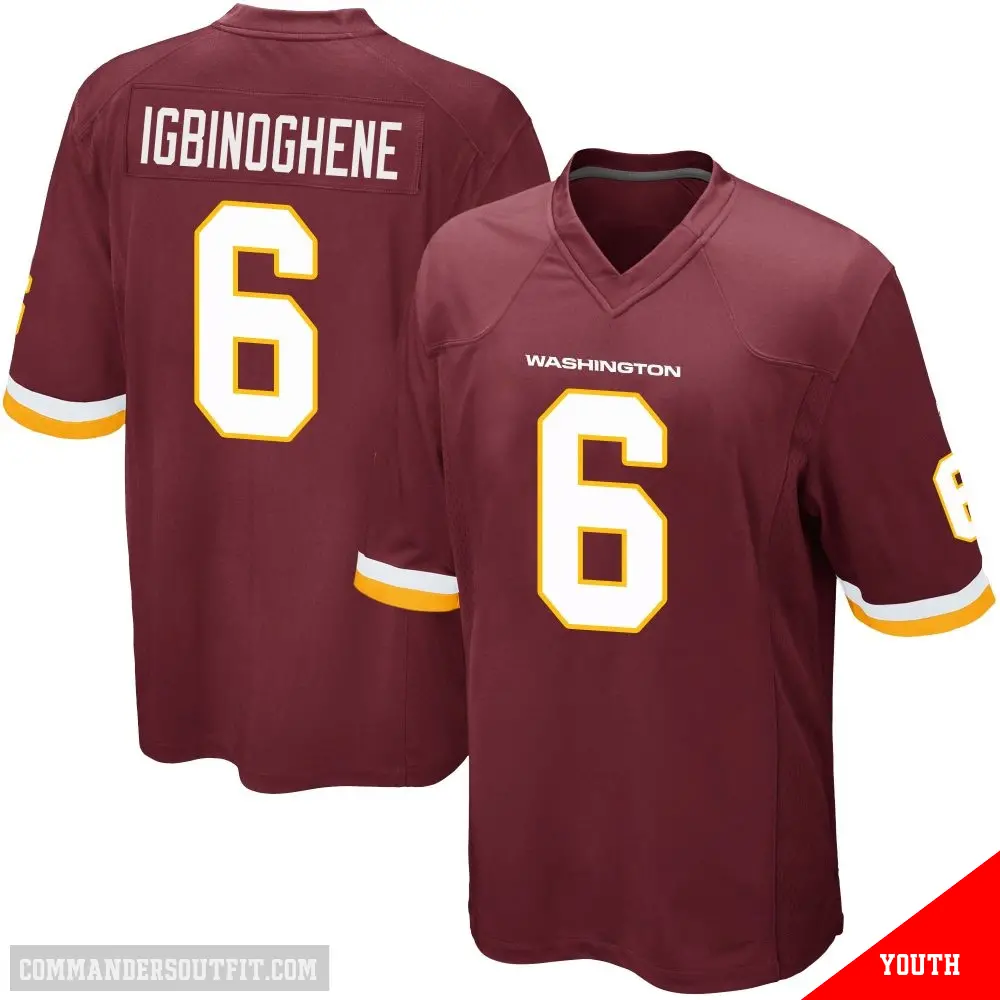 ＃6 Youth Noah Igbinoghene Game Washington Commanders Burgundy Team Color Jersey